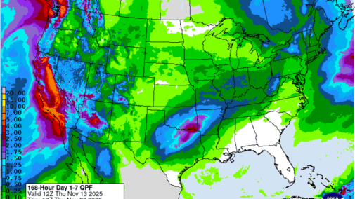 A national precipitation forecast map showing expected rainfall totals over seven days, with heavier amounts along the West Coast and lighter totals across the Plains.