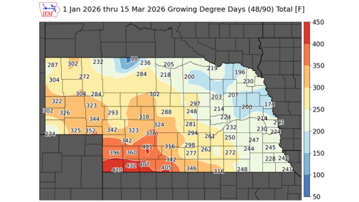 Map of Nebraska showing alfalfa weevil growing degree day totals (base 48°F) from Jan. 1–March 15, with most areas exceeding the 200 GDD scouting threshold.