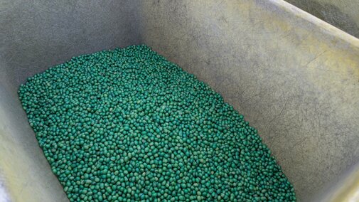 treated soybean seed in a hopper.