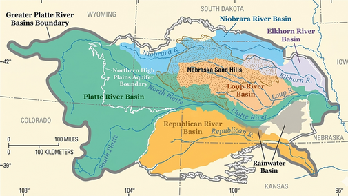 Map illustrating the Greater Platte River basins and surrounding regions with distinct color-coded areas.
