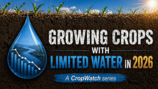 Drop-shaped graphic with a river and declining chart over soil and crops under a bright sky.
