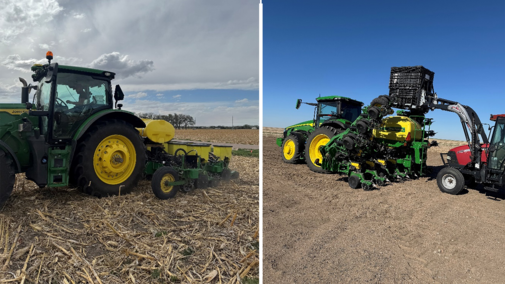 Green tractor planting in a field; second image shows tractor loading seed from a loader under clear sky.
