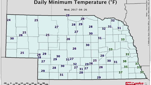 Nebraska map showing lows for April 26, 2017