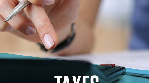 Graphic of a hand on a calculator to accompany 5 tax tips 