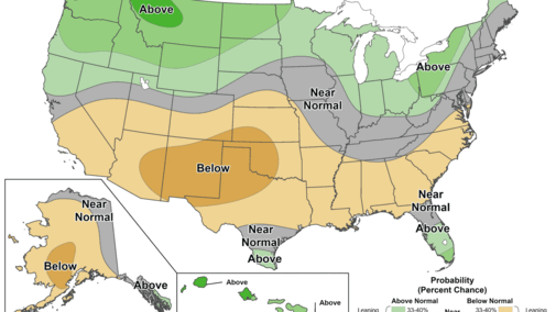 NOAA 8–14 day precipitation outlook showing Nebraska near normal, with drier conditions south and wetter chances north.