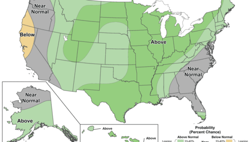 Seasonal precipitation outlook map showing above-normal precipitation favored across much of the central and eastern United States, including Nebraska, with near-normal in parts of the Southeast and below-normal along the West Coast
