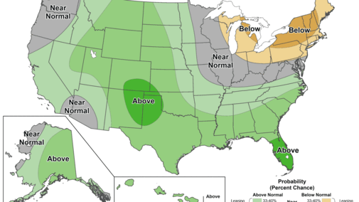 Weather probability map of the U.S. showing temperature variations with regions labeled as below, near normal, or above.