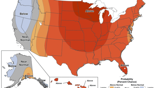 U.S. 6–10 day temperature outlook showing above-normal temps favored across most of the country (strongest Upper Midwest), near-normal along parts of the West Coast, and below-normal over portions of coastal Alaska/Aleutians.