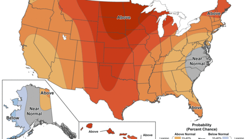 U.S. temperature outlook map showing a high probability of above-normal temperatures across most of the central and western United States, including Nebraska. Areas along the East Coast and parts of Alaska show near-normal conditions, while far western Alaska is below normal.
