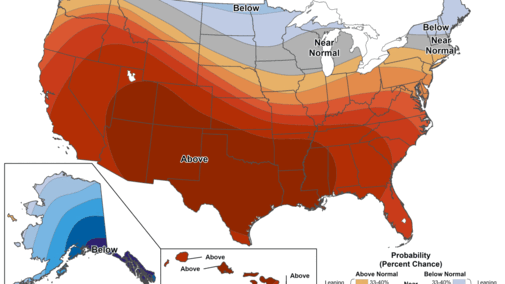 Map shows above-normal temperature probabilities across most of the southern U.S., with near- to below-normal temperatures across the northern Plains and Upper Midwest.