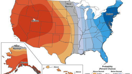 U.S. map showing temperature outlook: above normal across the western states, near normal in the central Plains, and below normal across the eastern U.S.