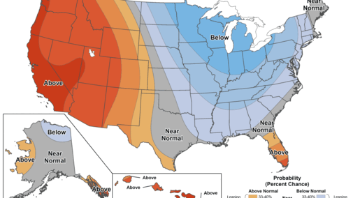 U.S. map showing temperature probabilities: above normal in the west, below normal in the east.