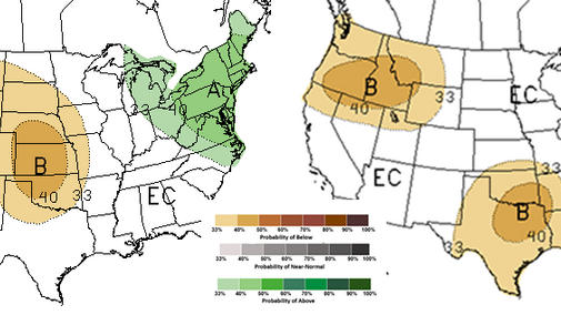 Figures 1 and 2. Comparison of the February (left) and March 15 precipitation outlooks for June-August 2018. A indicates above normal chances, N indicates normal changes, B indicates below normal chances and EC indicates equal chances for precipitation percentages provided in the key. (Source: NOAA Climate Prediction Center)