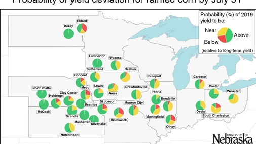 Forecast yield deviations from normal for rainfed corn across the Corn Belt