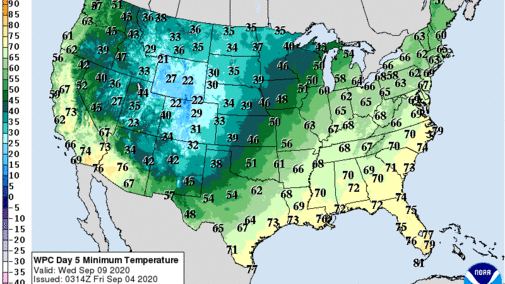 forecast low temperatures for September 9, 2020