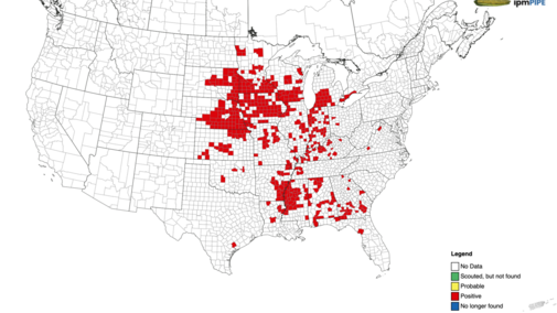 Map of the United States with red-highlighted counties in central and eastern regions.