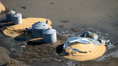 Grain bins that burst with wet grain during 2019 flooding