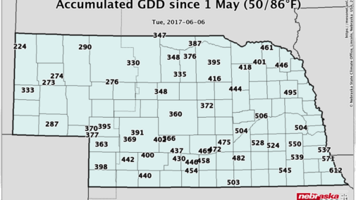 Map of accumulated GDD in Nebraska