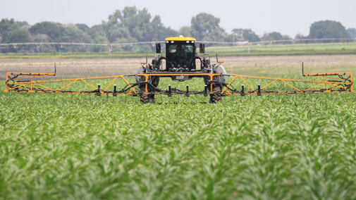 In-season nitrogen (UAN) is applied to corn in an on-farm research study. For fields with suspected nitrogen loss, on-farm research is a great way to evaluate in-season N rates and recommendation approaches. (Photo by Richard Ferguson)
