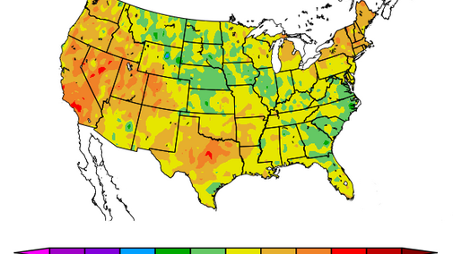 US map indicating departure from normal temperatures for July 2018.