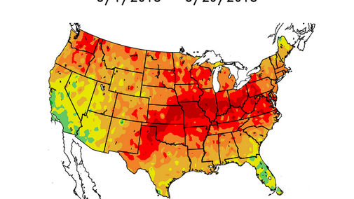 US map showing departures from normal temperatures in May