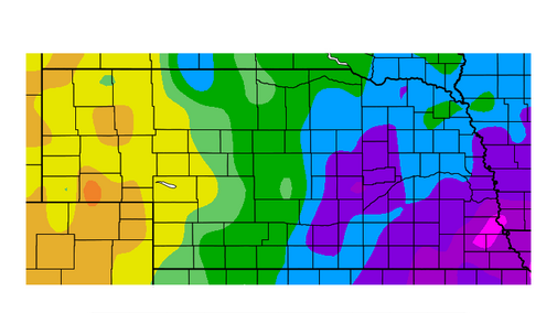 Nebraska map showing departure from normal precipitation in inches for the last 6 months (9/25/2018 through 3/24/2019, generated on 3/25/2019 at HPRCC)