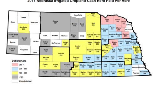 Nebraska map of irrigated cropland cash rental rates by county