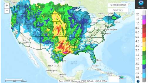 US map showing precipitation distribution for the 7 days previous to 7 a.m. April 21