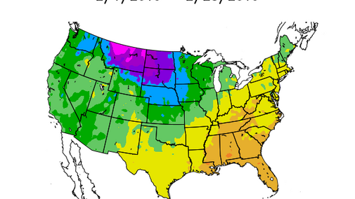 US map showing departure from normal temperatures for February 2019 