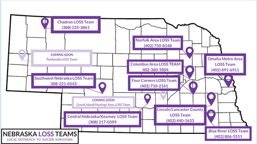 Nebraska map displaying contact information for Nebraska LOSS teams across the state.