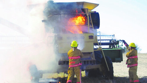 Figure 1. On Oct. 23, 2016, members of the Stanton Fire Department responded to a combine fire that started in the engine compartment. The combine was considered a total loss, but the quick response of firefighters allowed them to save the bean head, and control the fire from spreading into surrounding vegetation. (Photo by the Stanton County Sheriffâs Office)