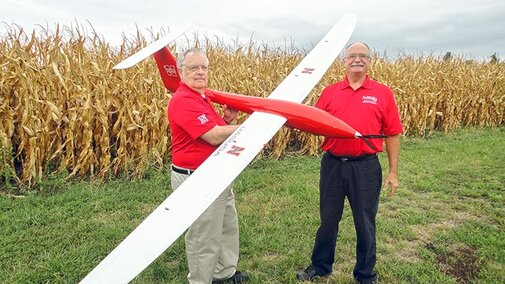 George Meyer, left, and Wayne Woldt complete a preflight check on the Tempest unmanned aircraft. Both are professors in the UNL Department of Biological Systems Engineering.