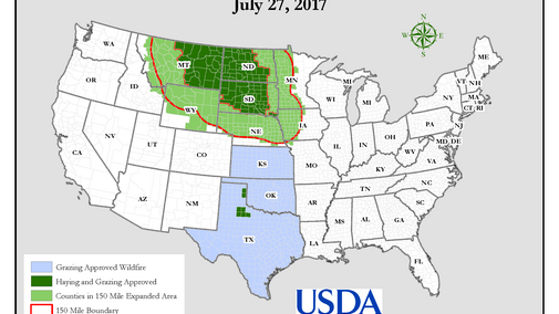 USDA map of counties approved by USDA for emergency haying or grazing