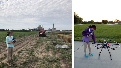 Figure 1. Yeyin Shi, new Nebraska Extension agricultural systems information specialist in the Department of Biological Systems Engineering, uses a hybrid drone with rotary wings for vertical takeoff as well as featues of fixed wing drone that allows for a gliding flight style.