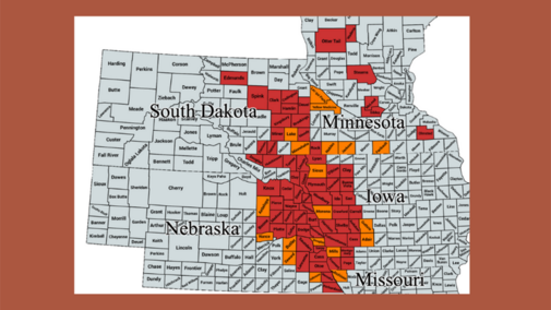 Five-state map showing counties with confirmed infestations of soybean gall midge