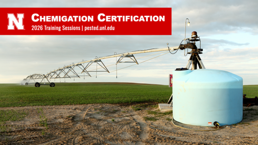 Center pivot chemigation system applying irrigation in a Nebraska field, with a fertilizer tank in the foreground and “Chemigation Certification 2026” banner above.