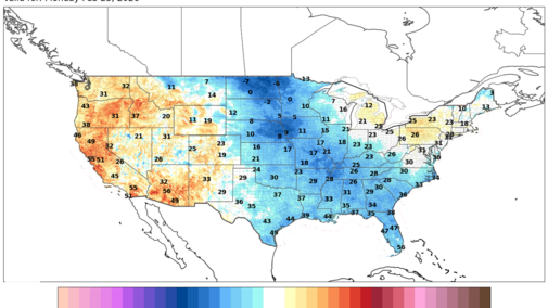 U.S. map showing forecast temperature departures: much colder than normal across the central and eastern U.S., warmer than normal in the West.