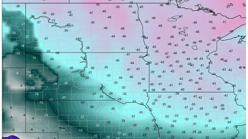 Map showing forecast apparent temperatures across Nebraska and the central U.S., with widespread wind chills from about -25°F to -45°F later this week.