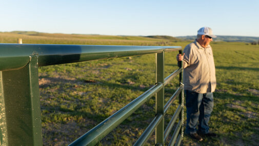 Older man closing gate on farm