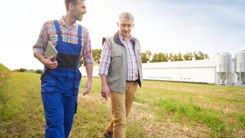 Two men walking and talking in field