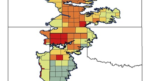 Multi-state map of counties showing agricultural value of irrigation water per acre ($/ac) in 2007.