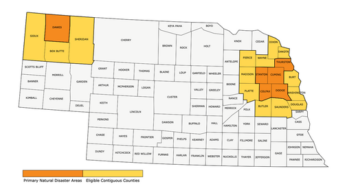 map showing affected counties