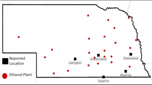 Nebraska map showing ethanol facilities and reported basis locations