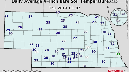 Nebraska map showing soil temperatures on March 7, 2019