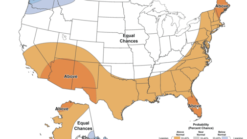 U.S. climate outlook map showing above-normal temperature probabilities across the southern and eastern states, with equal chances for most of the central Plains including Nebraska.