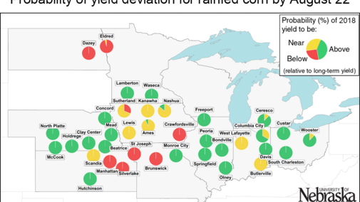 Map of the Corn Belt showing sites with above-, near-, and below-normal forecasted corn yields for 2018.