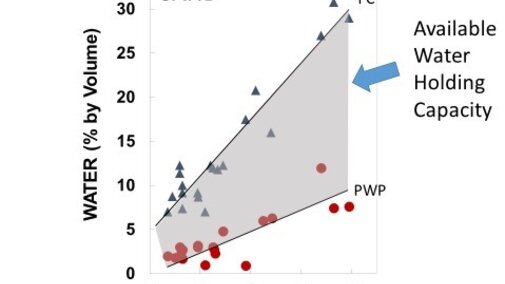 Chart depicting relationship between soil organic carbon and available water holding capacity in sandy soil.