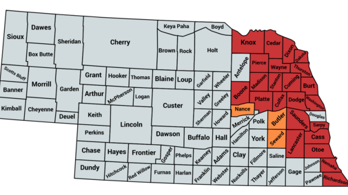 Counties documented as infested in 2018 (red) and 2019 (orange).