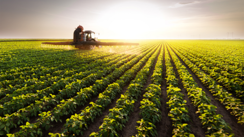 Tractor spraying herbicides on soybeans