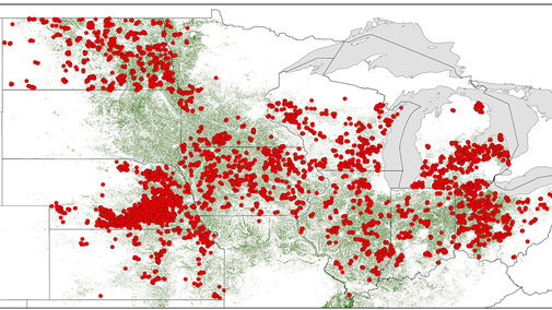 Figure 1. Distribution of survey fields across the north central US. Red circles denote individual fields and the green area shows the region of soybean acres. (Source: USDA-NASS. (2019) USDA-National Agricultural Statistics Service (NASS), National Cultivated Layer).